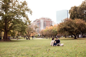  Great family photo location! family sits reading in Boston Public Garden, with city view in background.