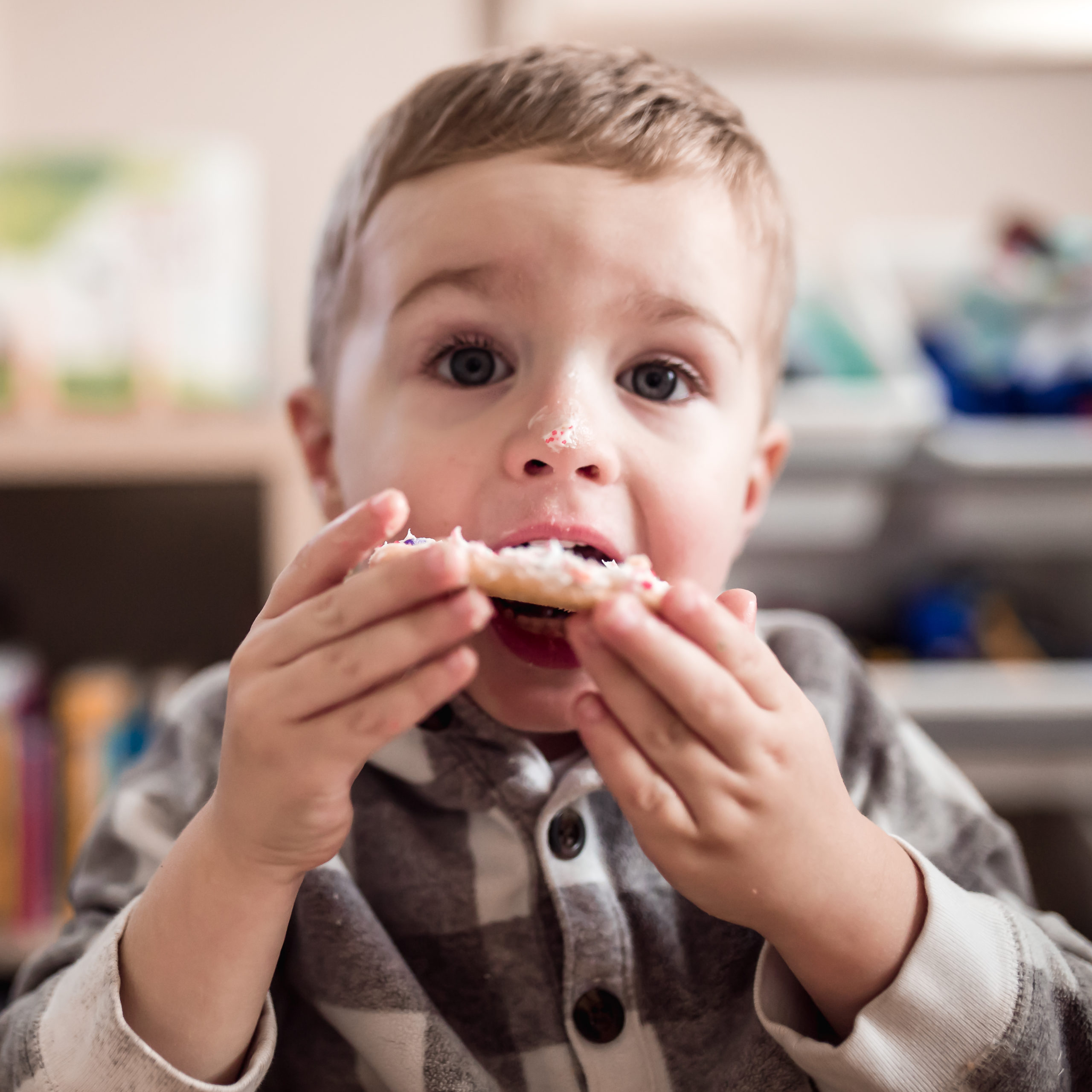 Keep kids happy with this cookie recipe. Little boy is eating a cookie and looking at the camera with wide eyes.